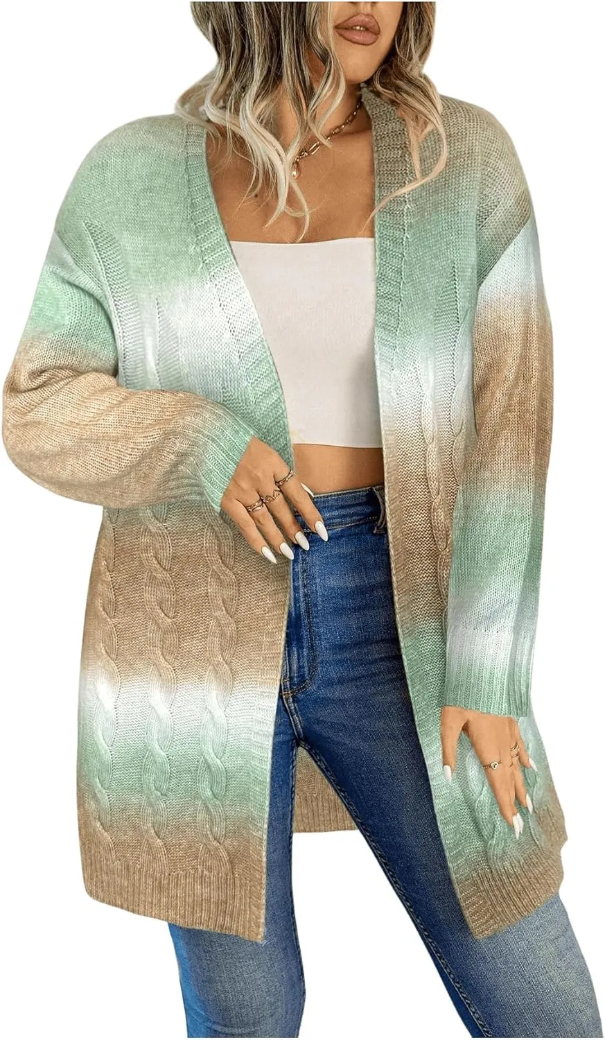 MakeMeChic Women's Plus Size Rainbow Knit Open Front Crochet Cardigan Long Sleeve Colorful Sweater Cardigans