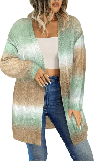 MakeMeChic Women's Plus Size Rainbow Knit Open Front Crochet Cardigan Long Sleeve Colorful Sweater Cardigans