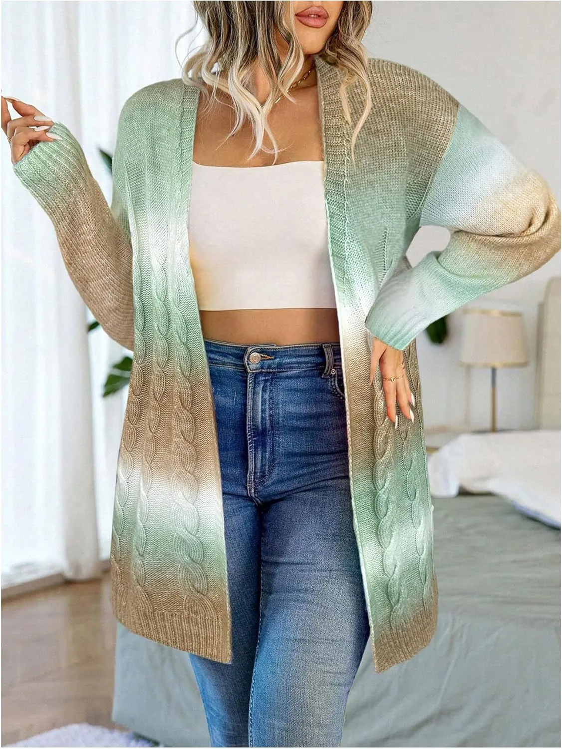 MakeMeChic Women's Plus Size Rainbow Knit Open Front Crochet Cardigan Long Sleeve Colorful Sweater Cardigans