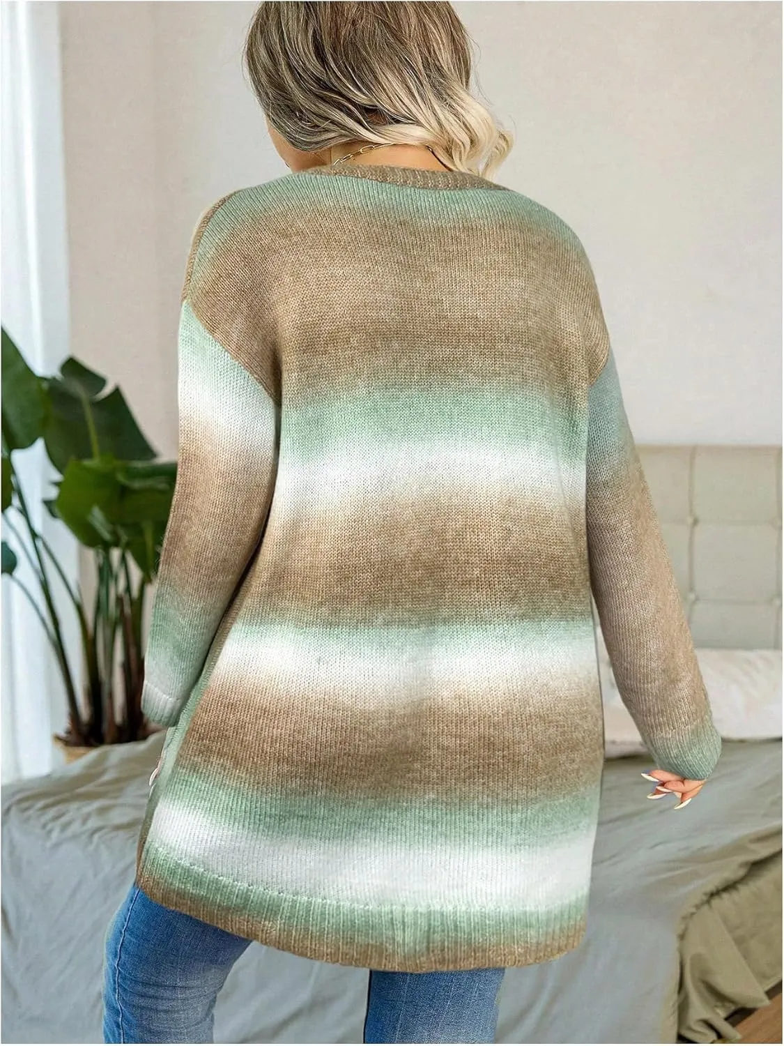 MakeMeChic Women's Plus Size Rainbow Knit Open Front Crochet Cardigan Long Sleeve Colorful Sweater Cardigans