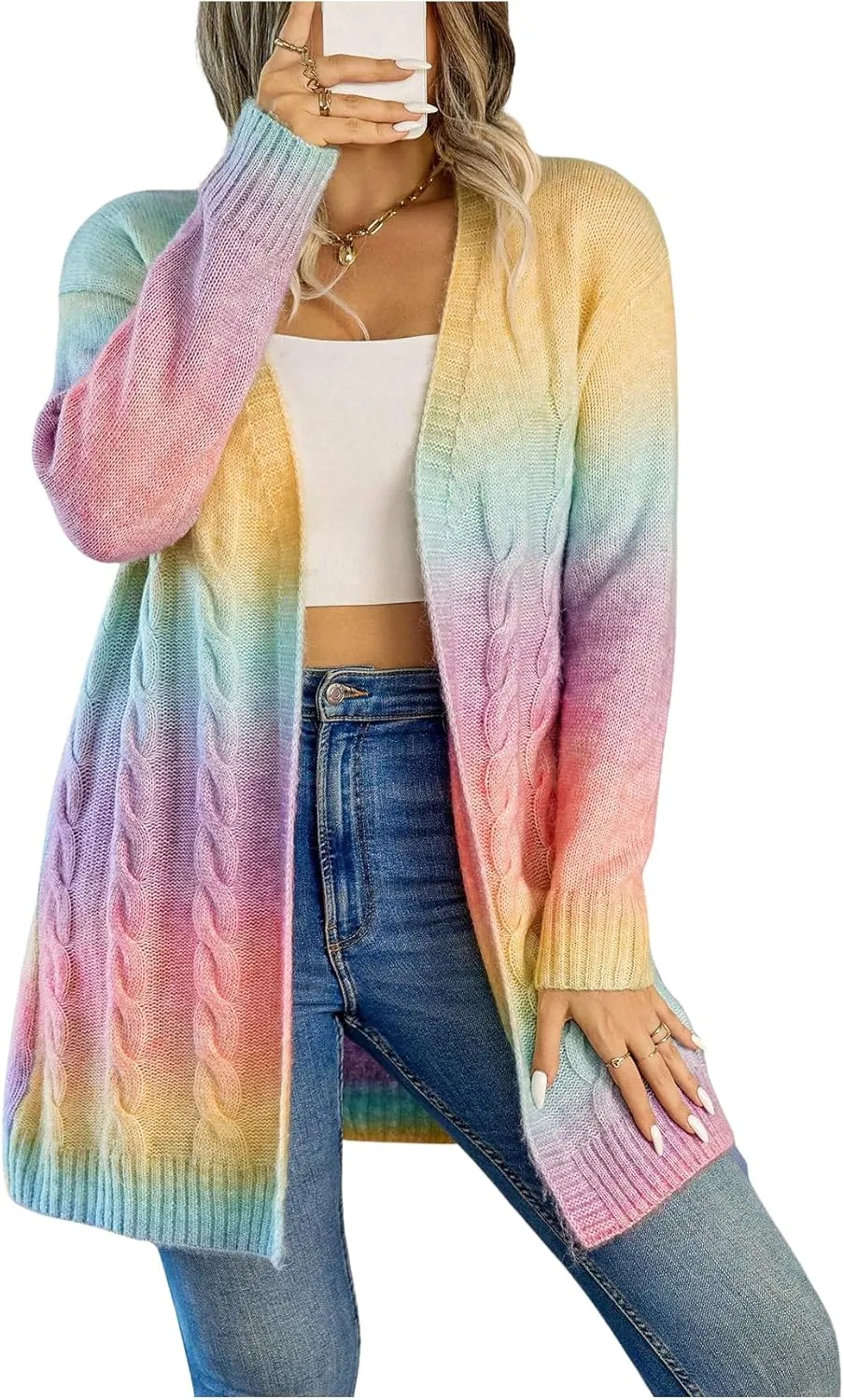 MakeMeChic Women's Plus Size Rainbow Knit Open Front Crochet Cardigan Long Sleeve Colorful Sweater Cardigans