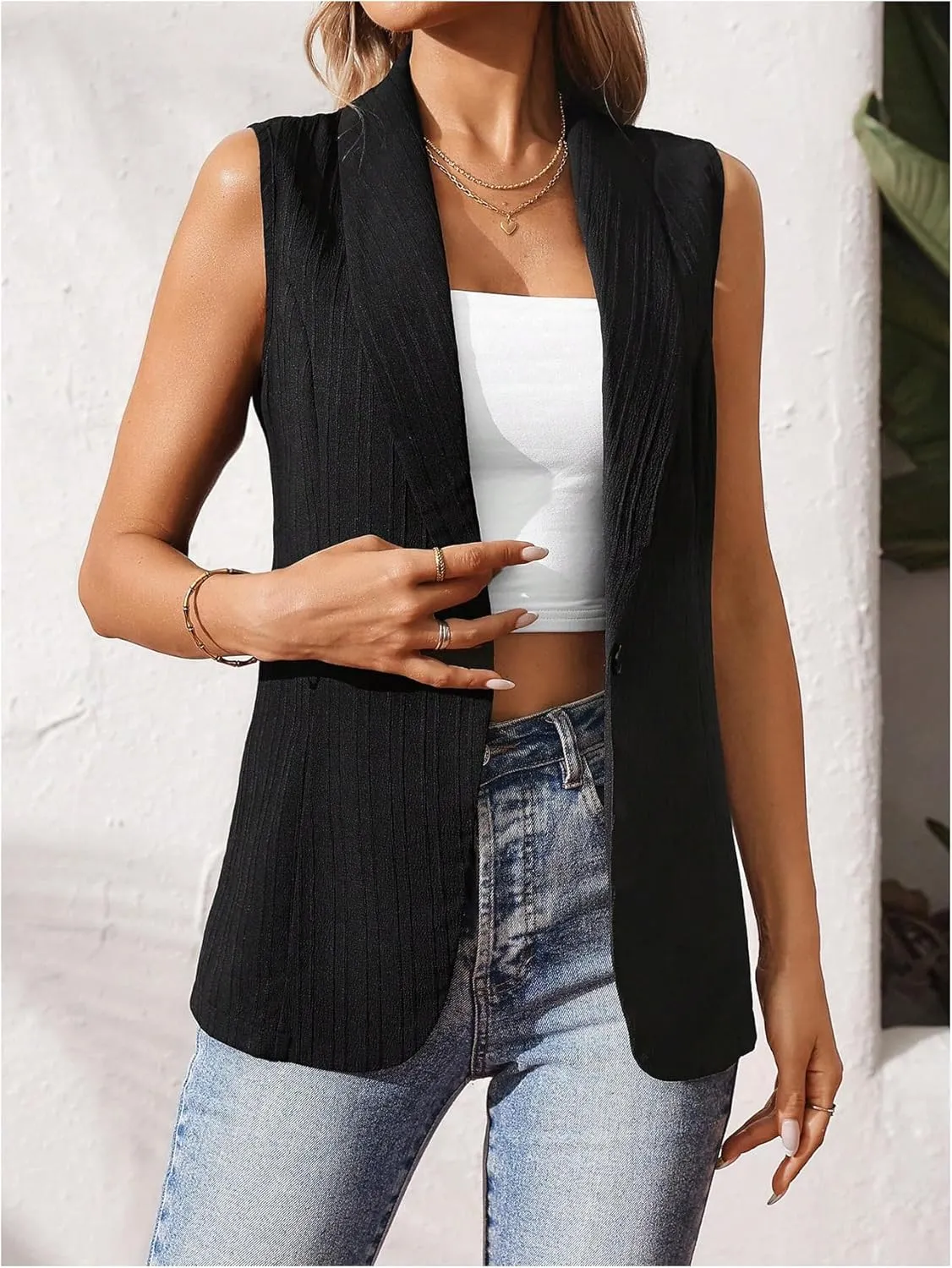 MakeMeChic Women's Sleeveless Lapel Blazer Vest Button Front Work Office Blazers Jacket