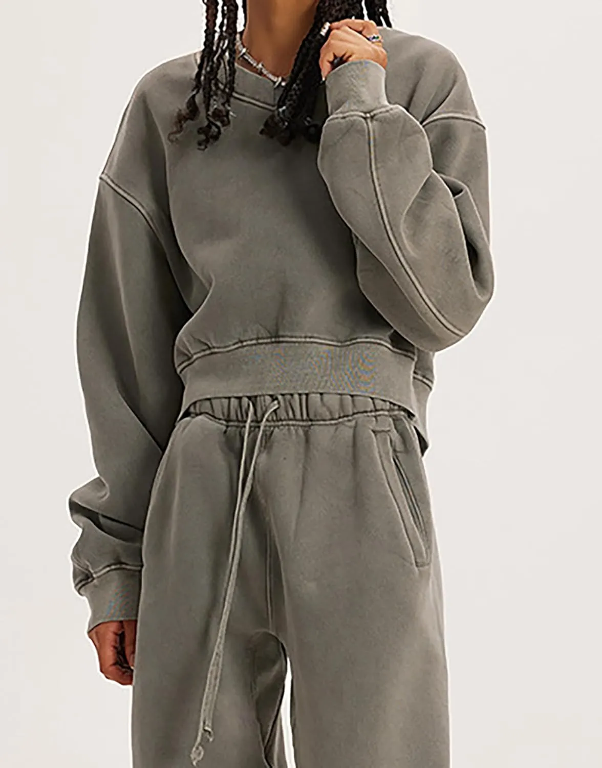 Meladyan Women Casual Cropped Sweatshirt Basic Solid Long Sleeve Fleece V Neck Loose Drop Shoulder Pullover Crop Tops Vintage