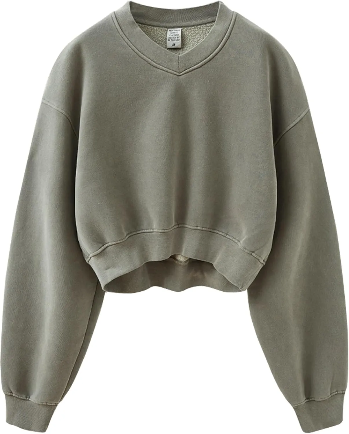 Meladyan Women Casual Cropped Sweatshirt Basic Solid Long Sleeve Fleece V Neck Loose Drop Shoulder Pullover Crop Tops Vintage