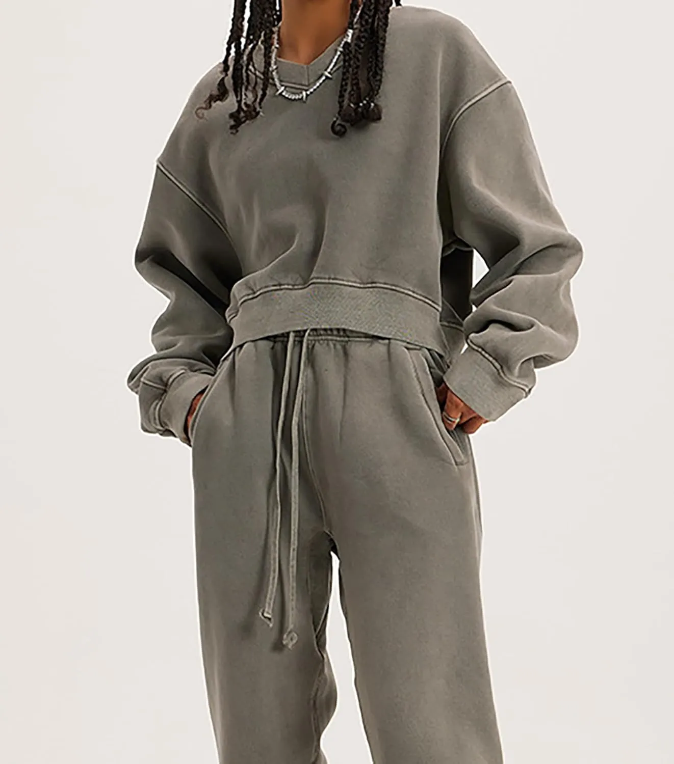 Meladyan Women Casual Cropped Sweatshirt Basic Solid Long Sleeve Fleece V Neck Loose Drop Shoulder Pullover Crop Tops Vintage