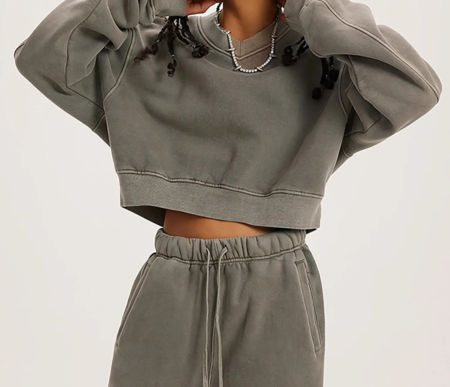 Meladyan Women Casual Cropped Sweatshirt Basic Solid Long Sleeve Fleece V Neck Loose Drop Shoulder Pullover Crop Tops Vintage