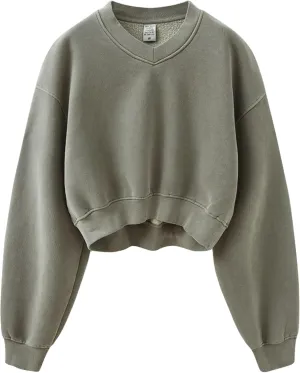 Meladyan Women Casual Cropped Sweatshirt Basic Solid Long Sleeve Fleece V Neck Loose Drop Shoulder Pullover Crop Tops Vintage