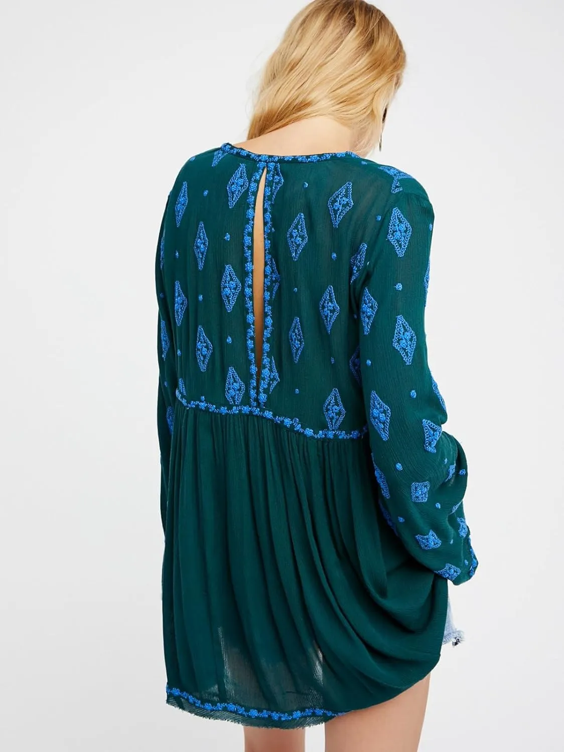 Melliflo Womens Floral Embroidered Ruffle Flowy Tunic Dress Deep V Neck Long Sleeve Loose Fall Fashion Boho Mini Dress