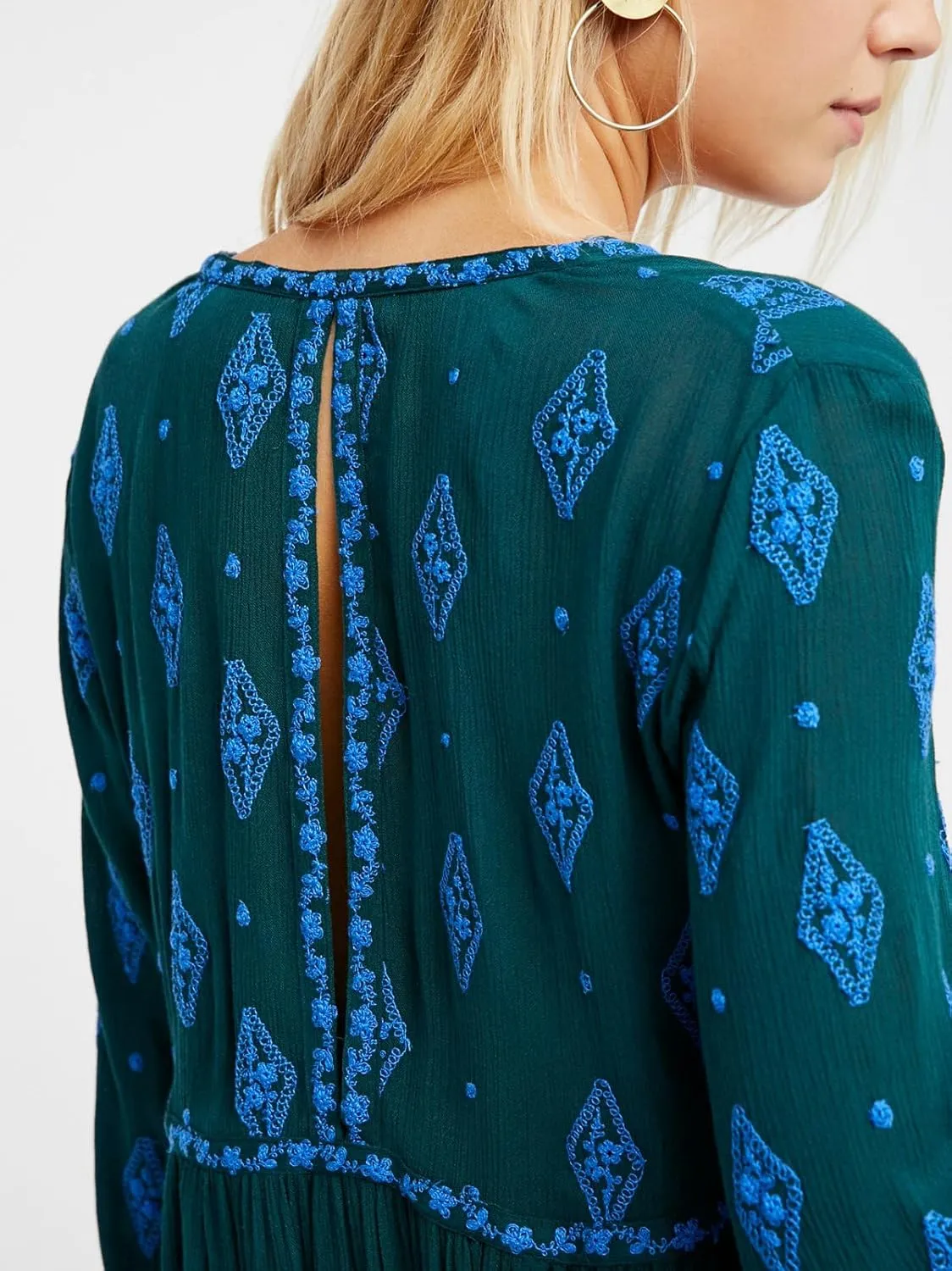 Melliflo Womens Floral Embroidered Ruffle Flowy Tunic Dress Deep V Neck Long Sleeve Loose Fall Fashion Boho Mini Dress
