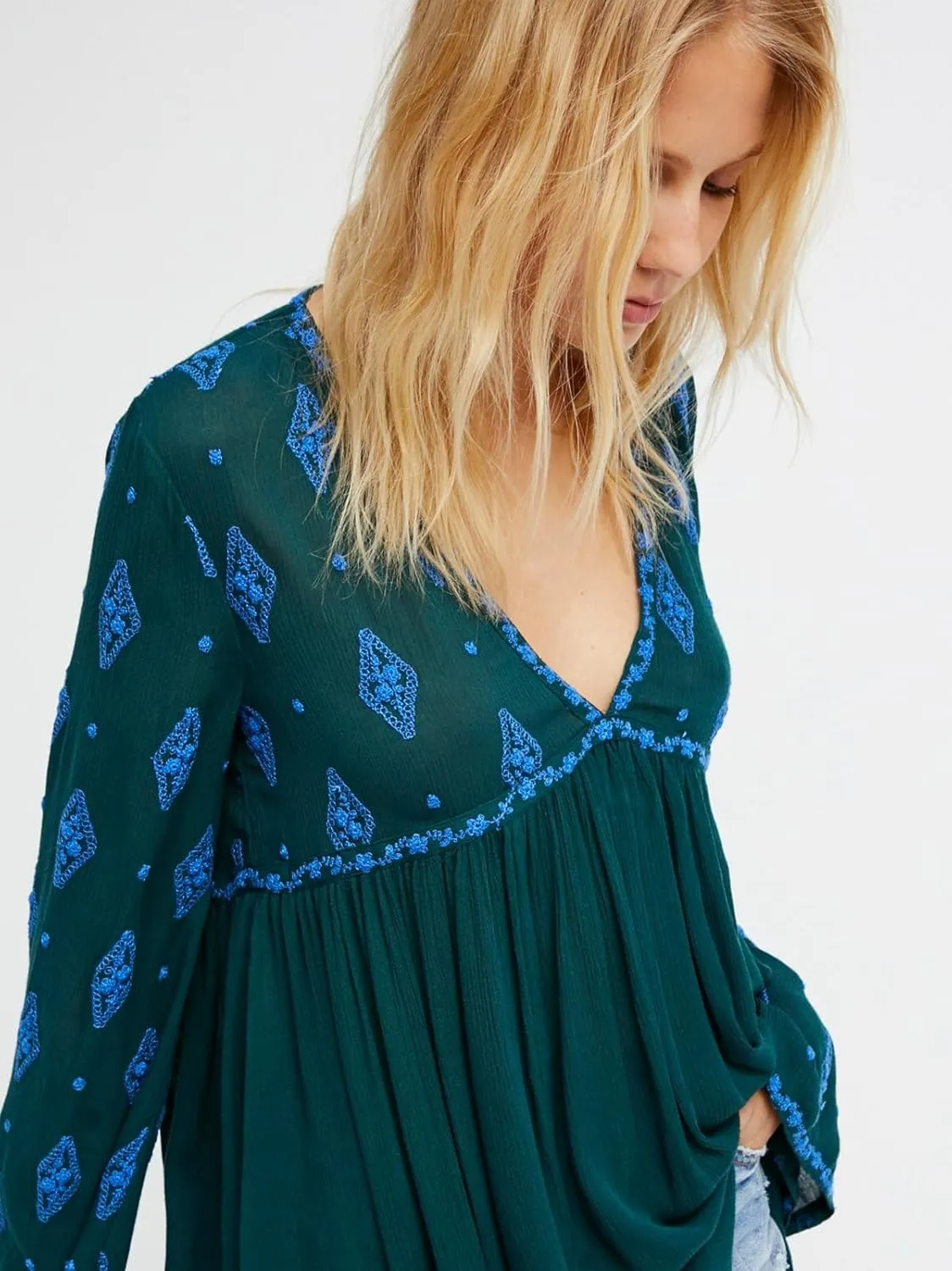 Melliflo Womens Floral Embroidered Ruffle Flowy Tunic Dress Deep V Neck Long Sleeve Loose Fall Fashion Boho Mini Dress