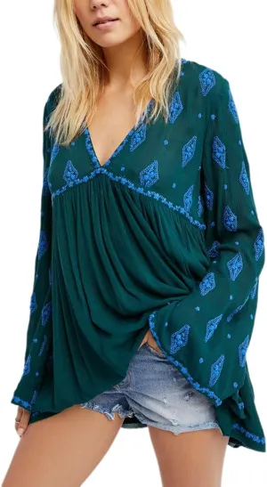 Melliflo Womens Floral Embroidered Ruffle Flowy Tunic Dress Deep V Neck Long Sleeve Loose Fall Fashion Boho Mini Dress