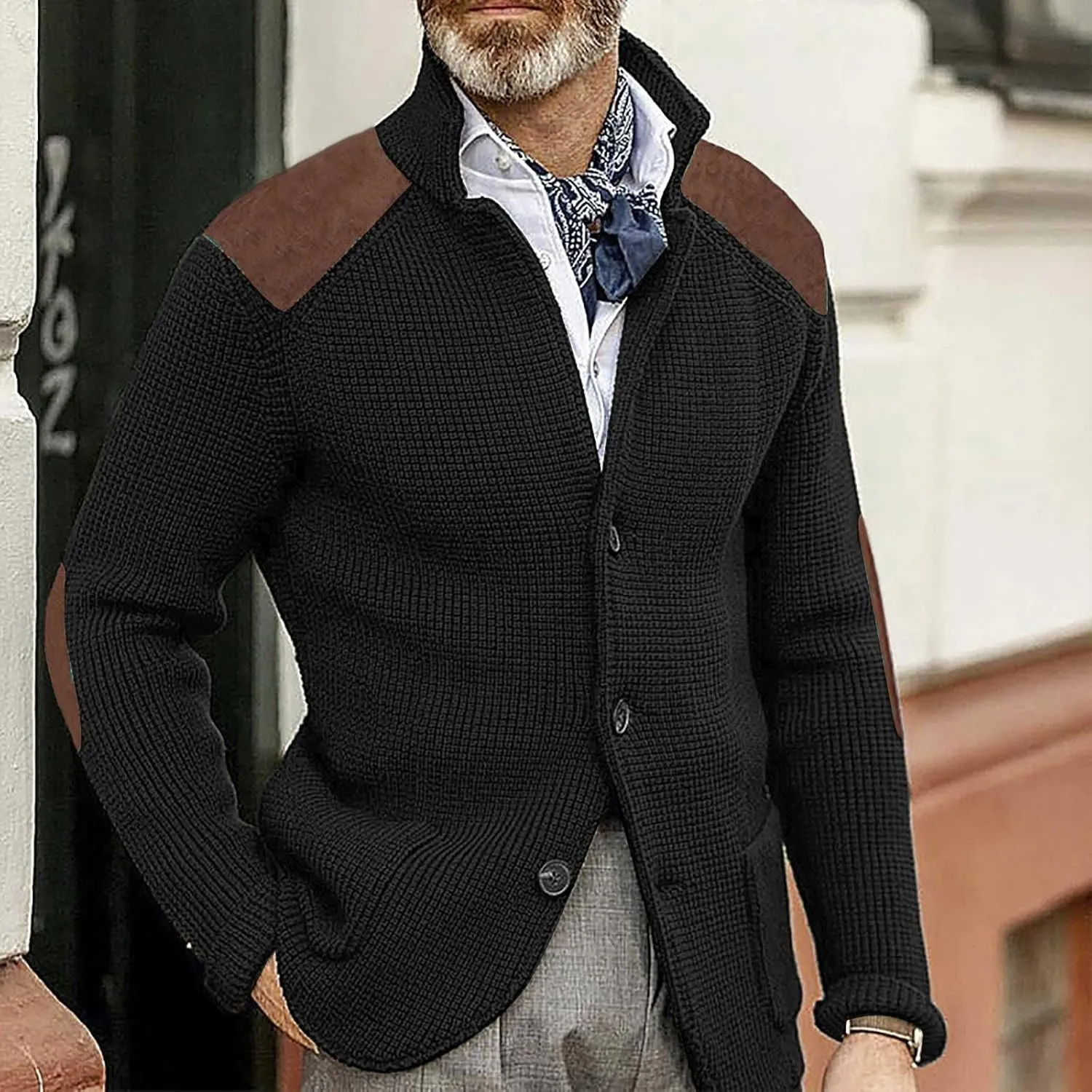 Mens Cardigan Sweater Shawl Collar Button Down Warm Knitted Sweaters Plus Size Elbow Patch Winter Chunky Cardigans