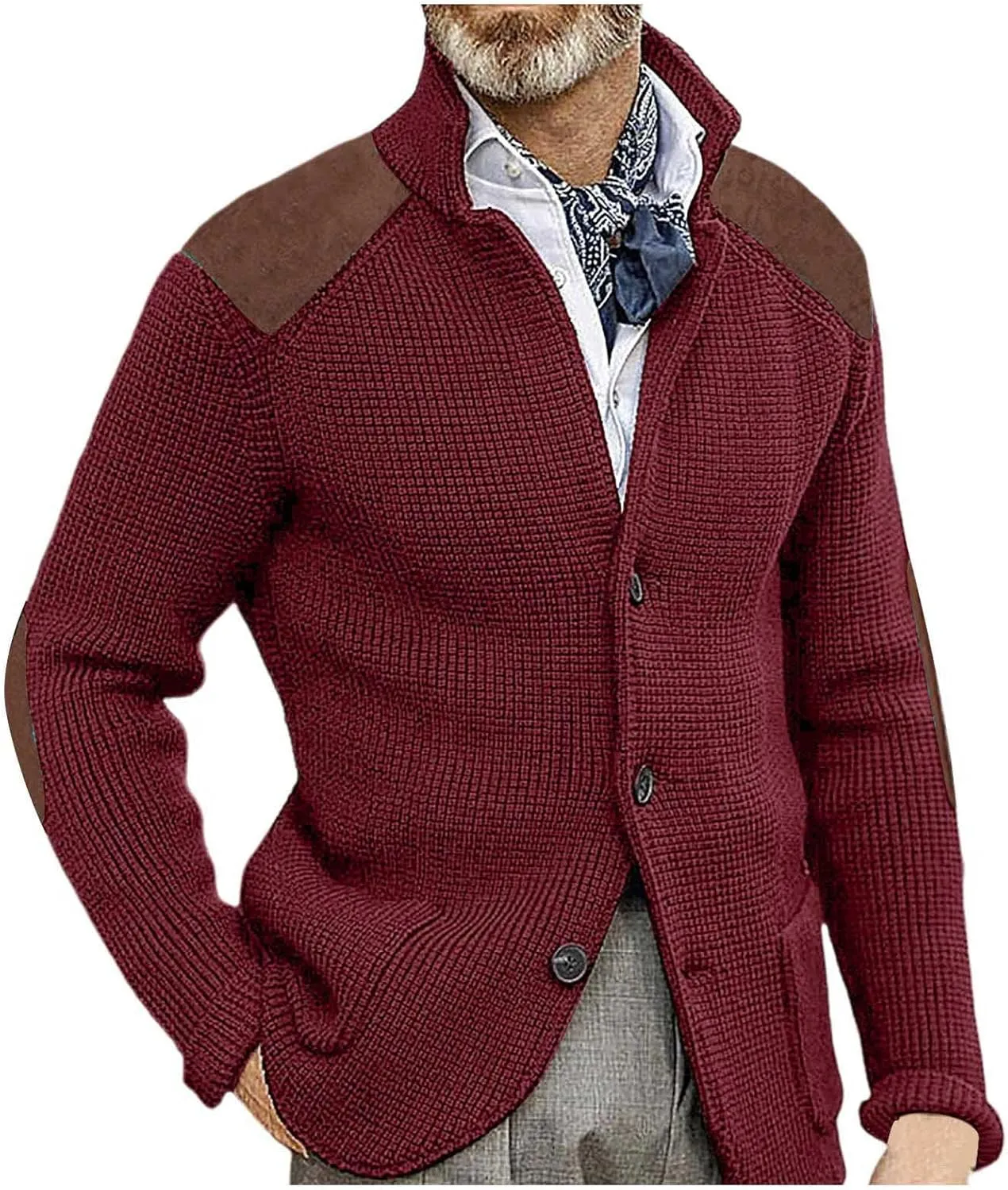 Mens Cardigan Sweater Shawl Collar Button Down Warm Knitted Sweaters Plus Size Elbow Patch Winter Chunky Cardigans