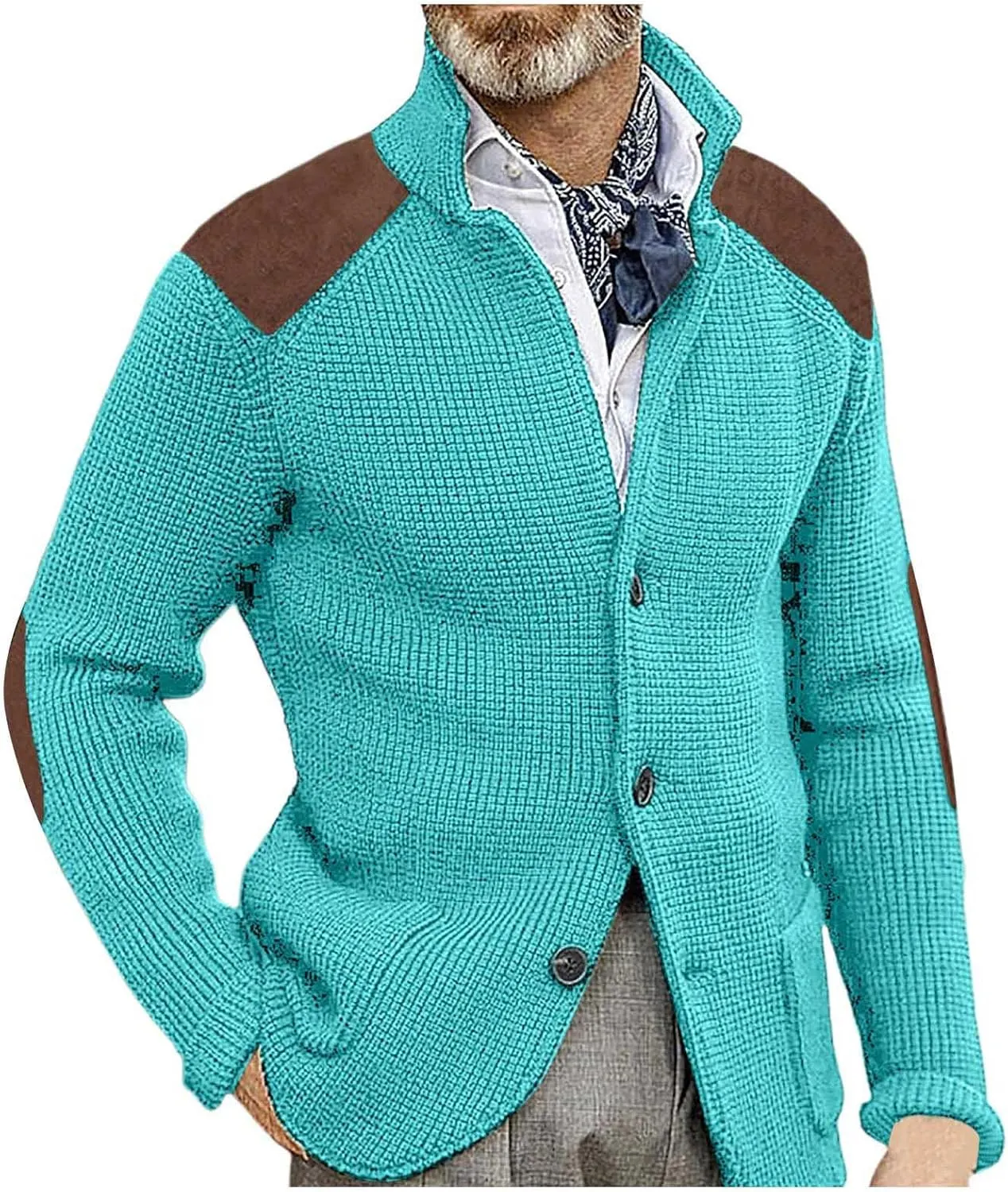 Mens Cardigan Sweater Shawl Collar Button Down Warm Knitted Sweaters Plus Size Elbow Patch Winter Chunky Cardigans