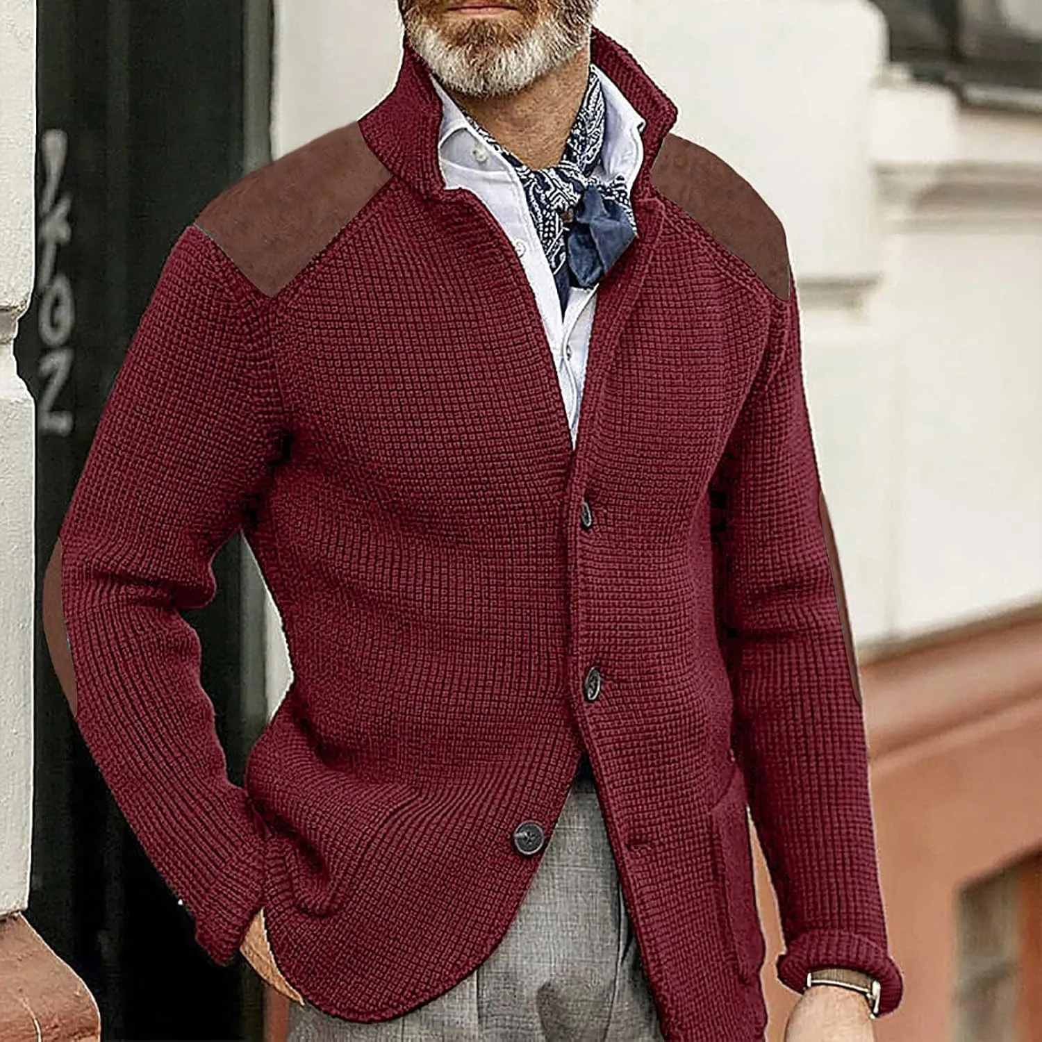 Mens Cardigan Sweater Shawl Collar Button Down Warm Knitted Sweaters Plus Size Elbow Patch Winter Chunky Cardigans