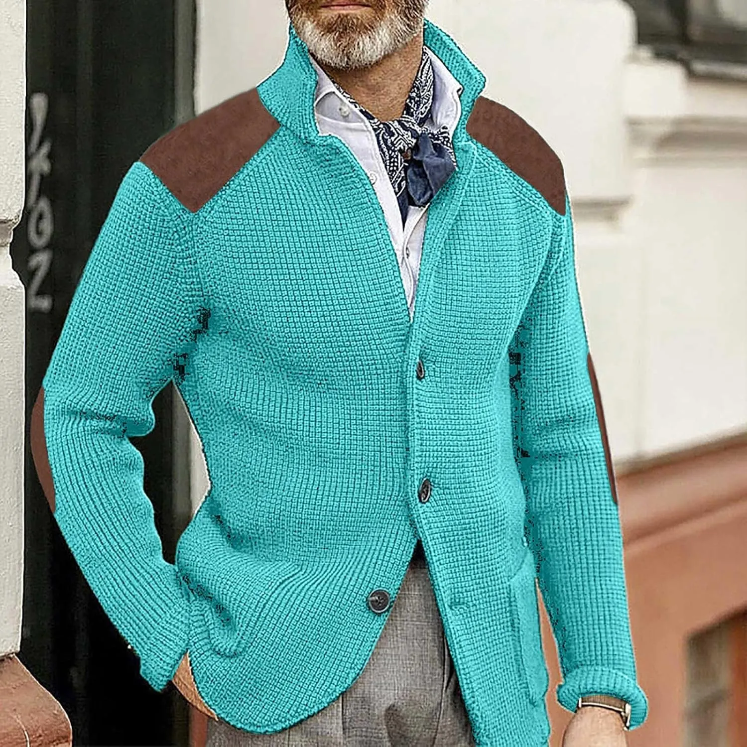 Mens Cardigan Sweater Shawl Collar Button Down Warm Knitted Sweaters Plus Size Elbow Patch Winter Chunky Cardigans