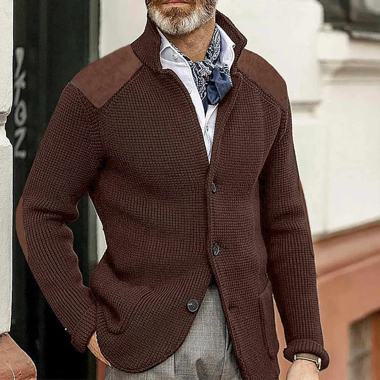 Mens Cardigan Sweater Shawl Collar Button Down Warm Knitted Sweaters Plus Size Elbow Patch Winter Chunky Cardigans