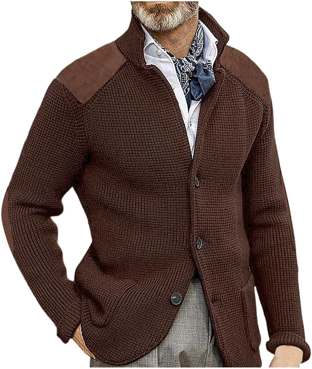 Mens Cardigan Sweater Shawl Collar Button Down Warm Knitted Sweaters Plus Size Elbow Patch Winter Chunky Cardigans