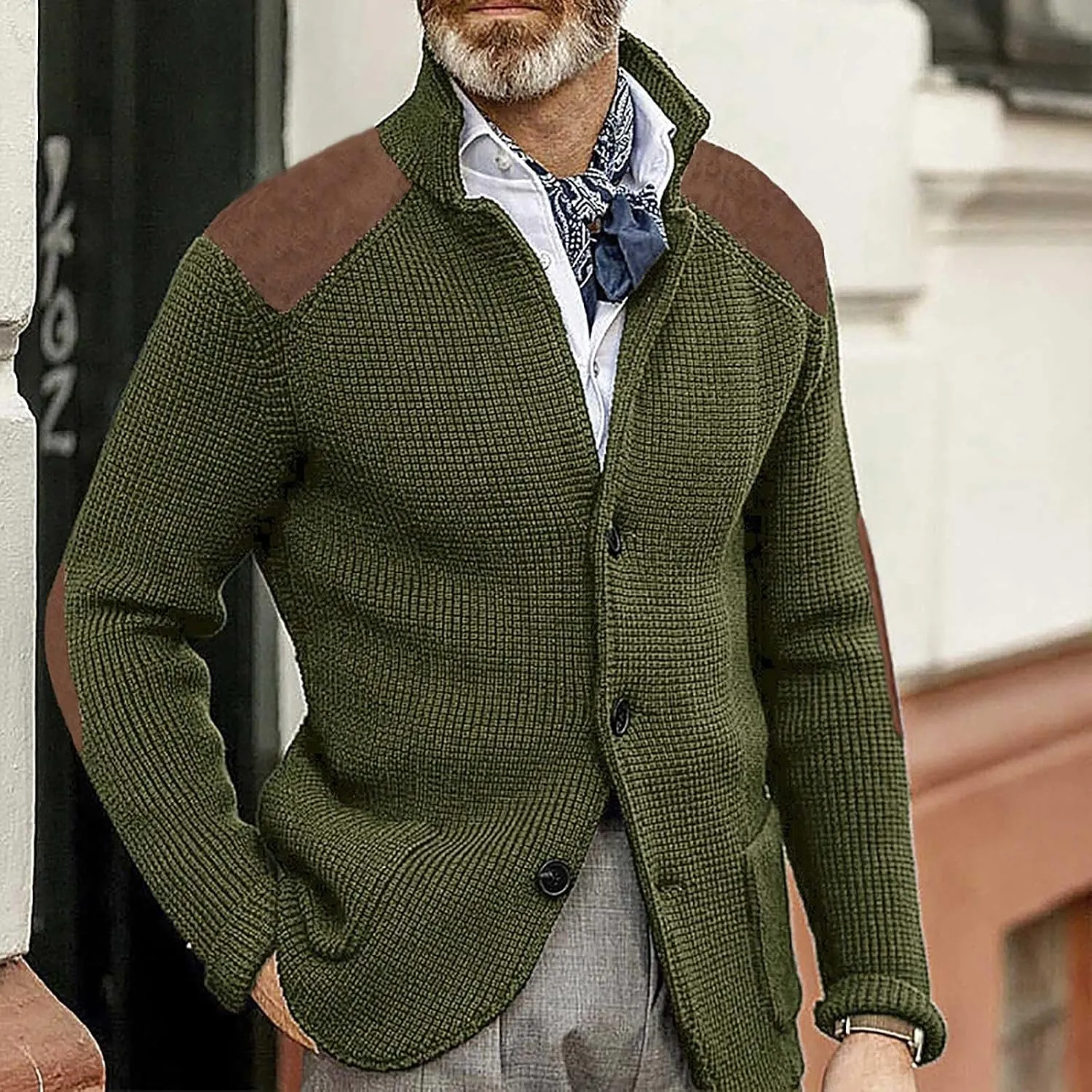 Mens Cardigan Sweater Shawl Collar Button Down Warm Knitted Sweaters Plus Size Elbow Patch Winter Chunky Cardigans