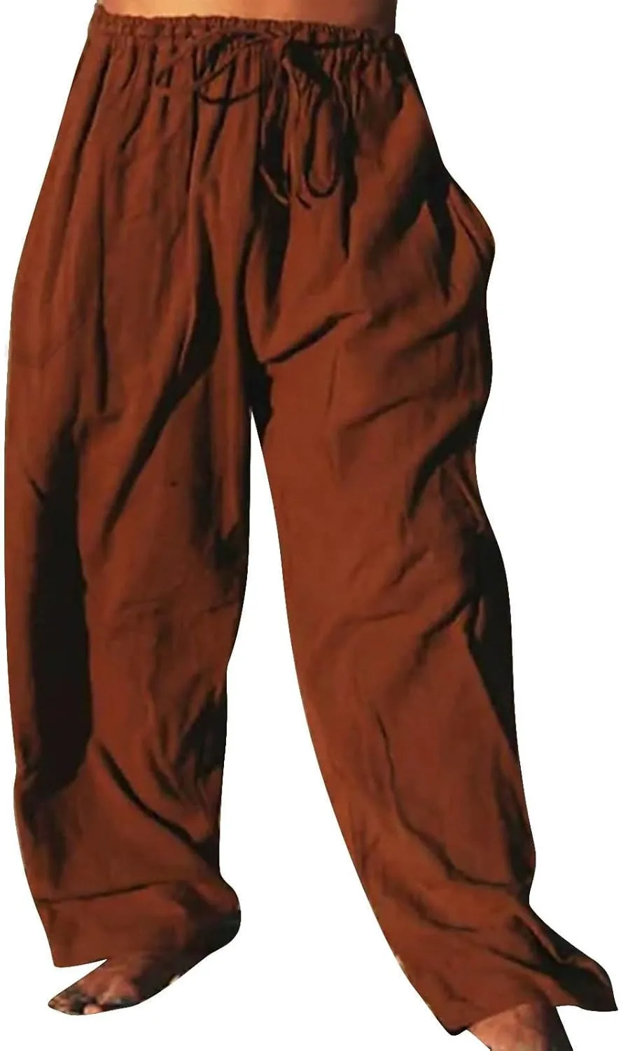 Mens Casual Cotton Linen Pleated Pants Elastic Waist Drawstrings Wide Leg Yoga Hippie Harem Pant Loose Fit Summer Trousers