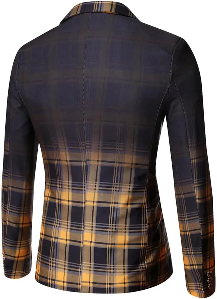 Mens One Button Blazers Jacket Patchwork Checked Business Casual Sports Coat