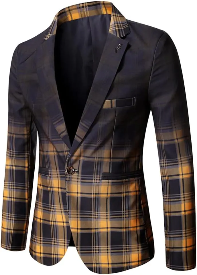 Mens One Button Blazers Jacket Patchwork Checked Business Casual Sports Coat