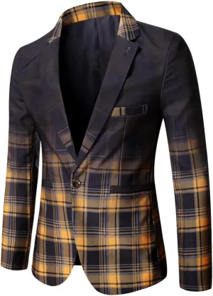 Mens One Button Blazers Jacket Patchwork Checked Business Casual Sports Coat