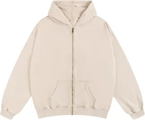 Mens Oversized Sweatshirt Zip Up Hoodie Solid Wash Old Craft Basic Jackets Unisex Heavyweight Casual Sweatshirts