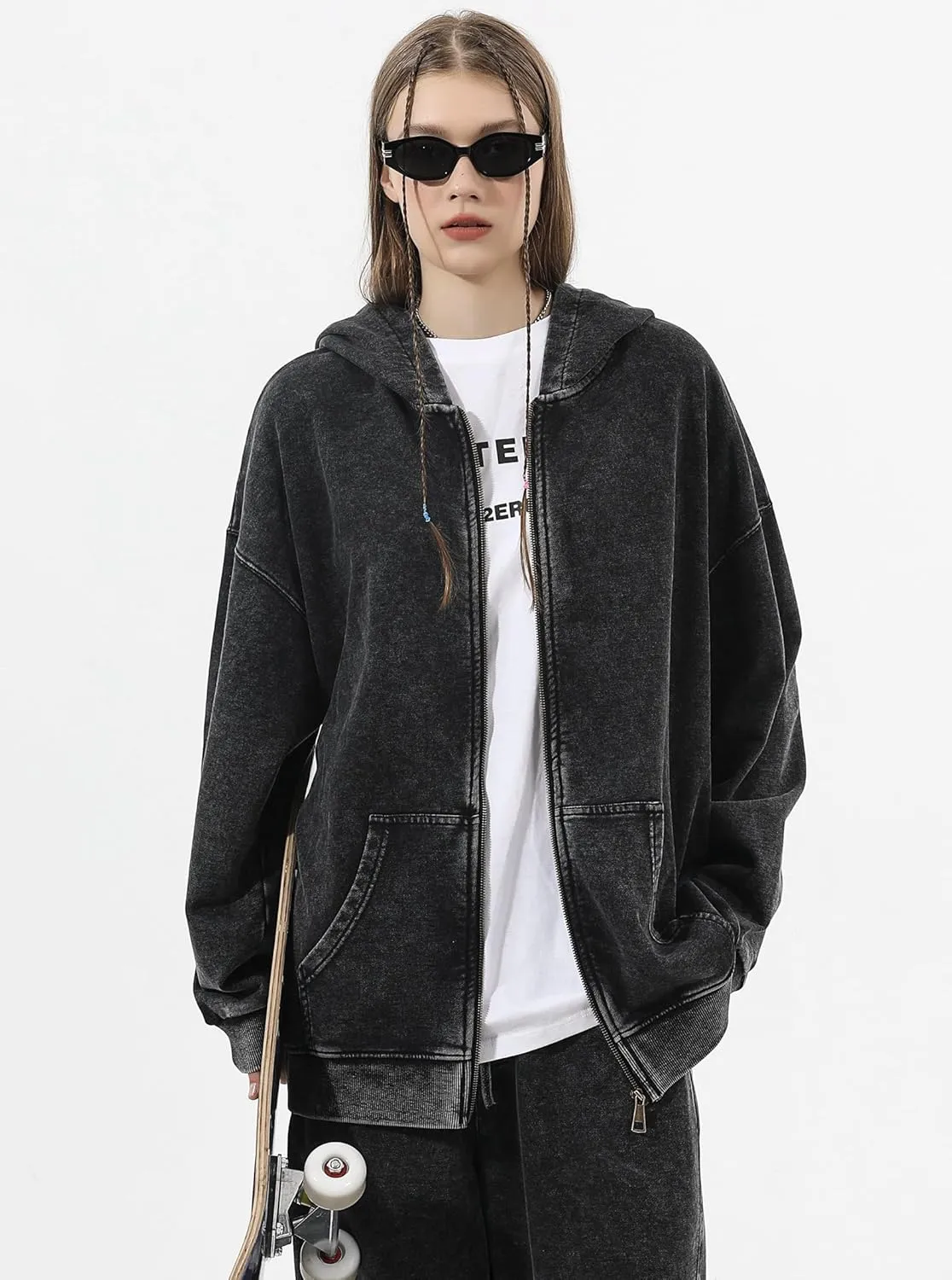 Mens Oversized Sweatshirt Zip Up Hoodie Solid Wash Old Craft Basic Jackets Unisex Heavyweight Casual Sweatshirts