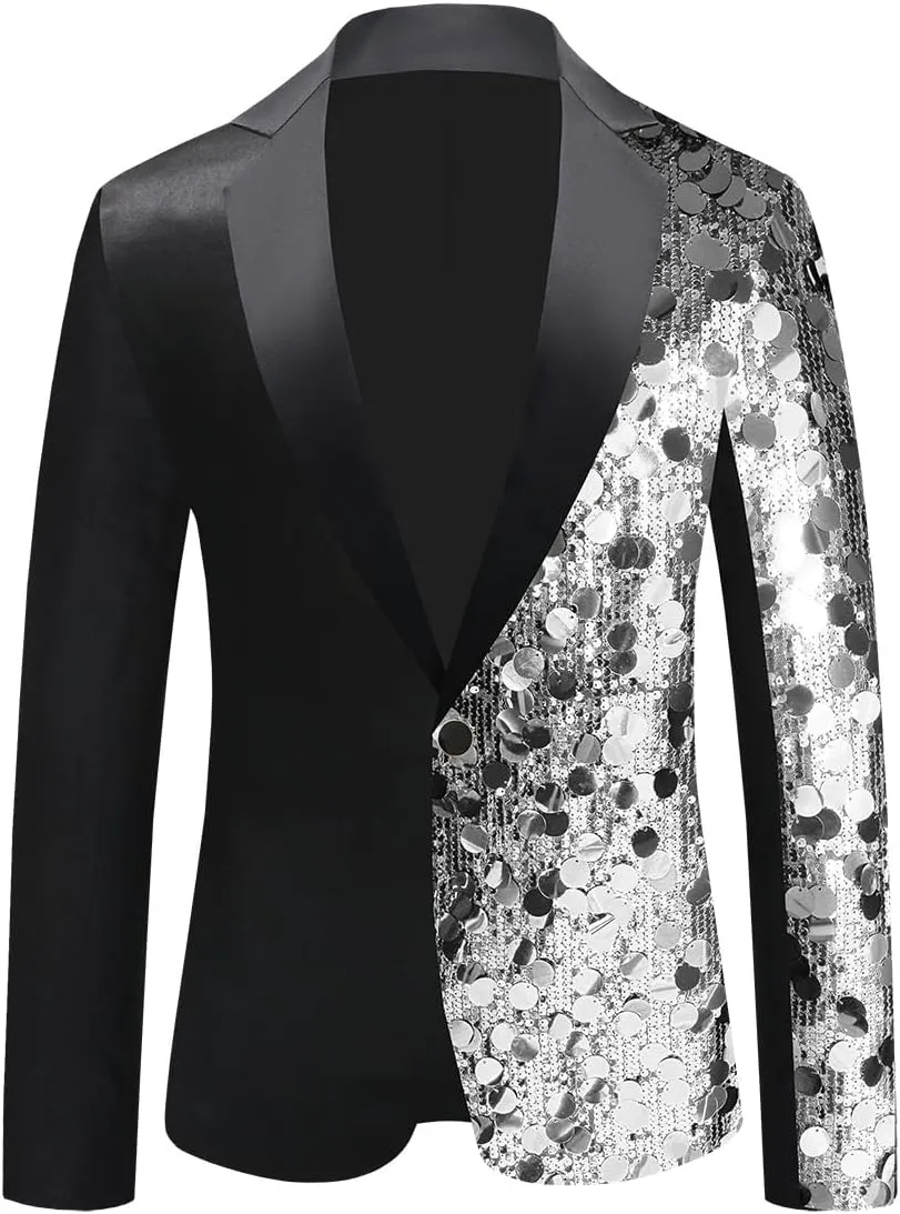 Men's Sequined Blazer for Prom Notched Lapel Single Breasted One Button Unique Design Jacket