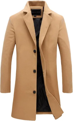 Mens Trench Coat Classic Notched Lapel Overcoat Winter Single Breasted Peacoat Warm Long Jacket Peacoat