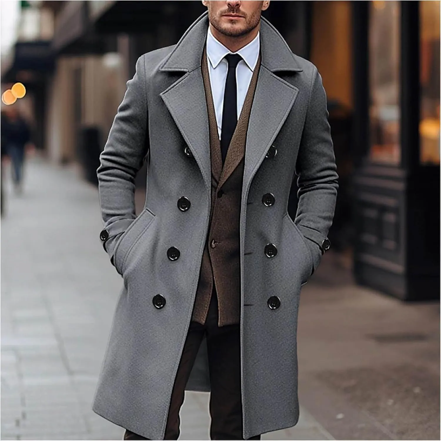 Men's Trench Coat Classic Notched Lapel Peacoat Warm Double Breasted Overcoat Elegant Long Jacket Overcoat
