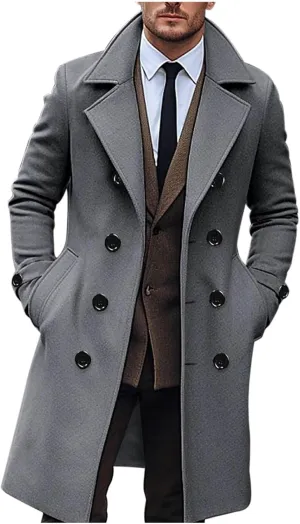 Men's Trench Coat Classic Notched Lapel Peacoat Warm Double Breasted Overcoat Elegant Long Jacket Overcoat