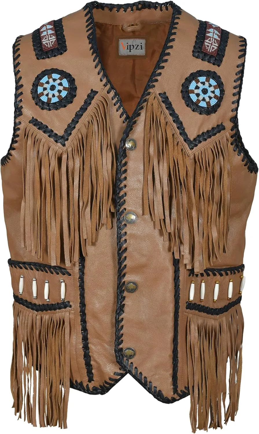 Mens Western Cowhide Suede & Leather Vest  Beaded Fringe Yoke & Back Native-Inspired Cowboy Biker Vest