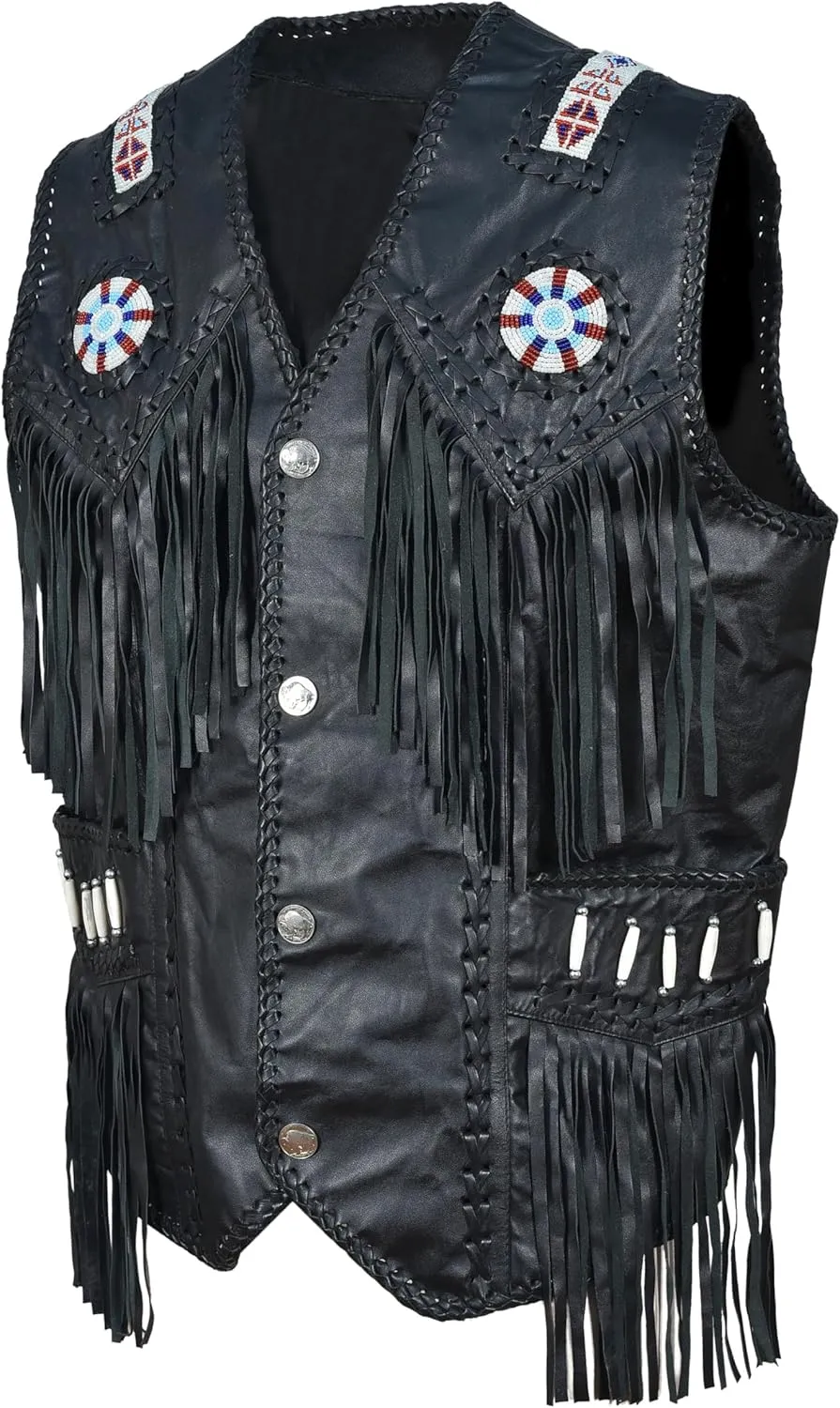 Mens Western Cowhide Suede & Leather Vest  Beaded Fringe Yoke & Back Native-Inspired Cowboy Biker Vest