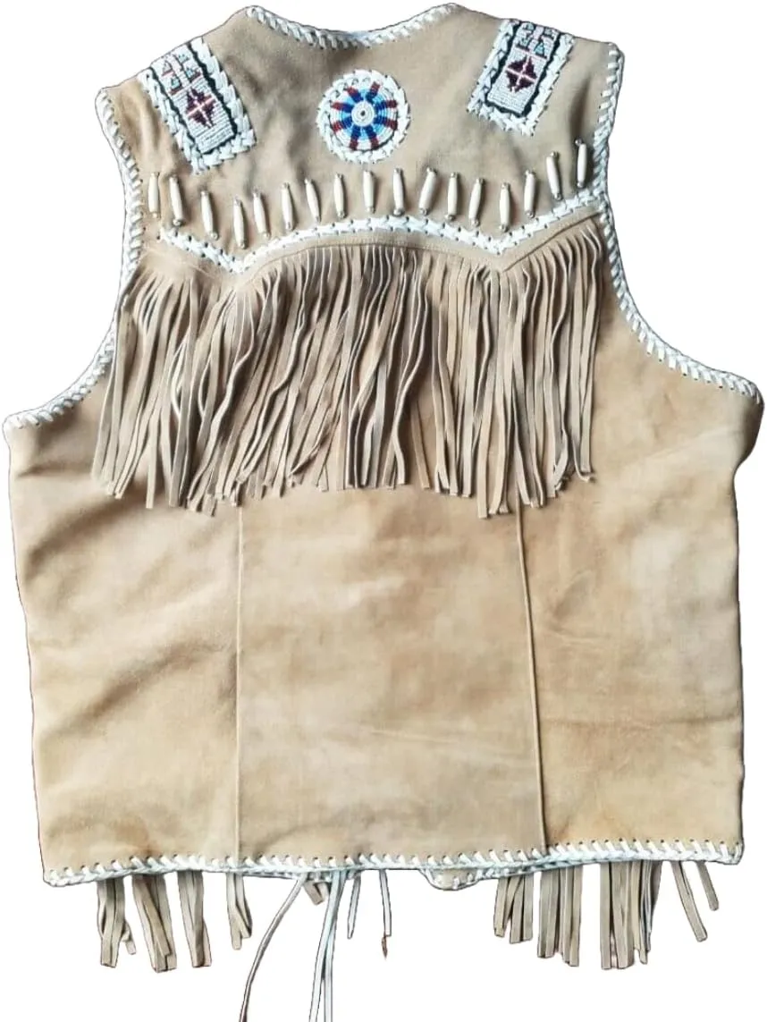 Mens Western Cowhide Suede & Leather Vest  Beaded Fringe Yoke & Back Native-Inspired Cowboy Biker Vest