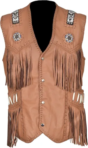 Mens Western Cowhide Suede & Leather Vest  Beaded Fringe Yoke & Back Native-Inspired Cowboy Biker Vest