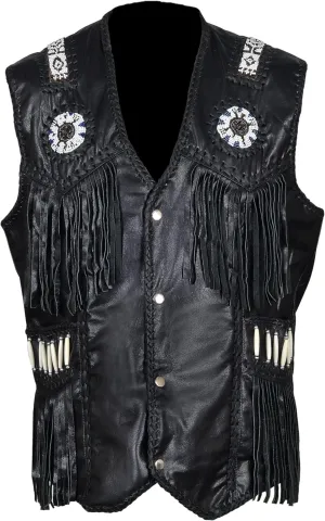 Mens Western Cowhide Suede & Leather Vest  Beaded Fringe Yoke & Back Native-Inspired Cowboy Biker Vest