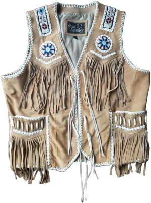 Mens Western Cowhide Suede & Leather Vest  Beaded Fringe Yoke & Back Native-Inspired Cowboy Biker Vest