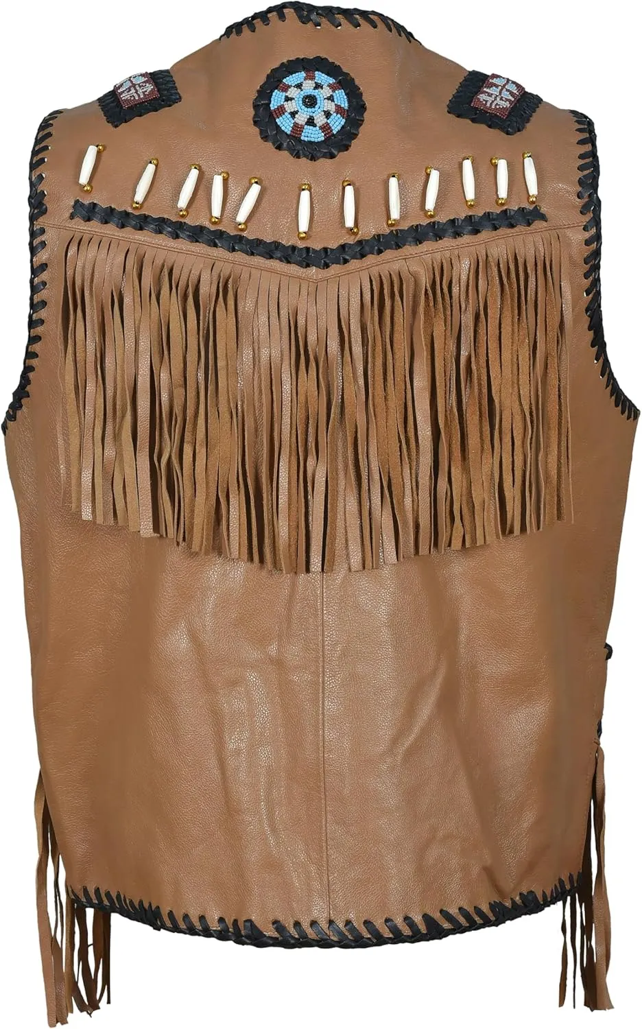 Mens Western Cowhide Suede & Leather Vest  Beaded Fringe Yoke & Back Native-Inspired Cowboy Biker Vest
