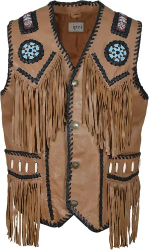 Mens Western Cowhide Suede & Leather Vest  Beaded Fringe Yoke & Back Native-Inspired Cowboy Biker Vest