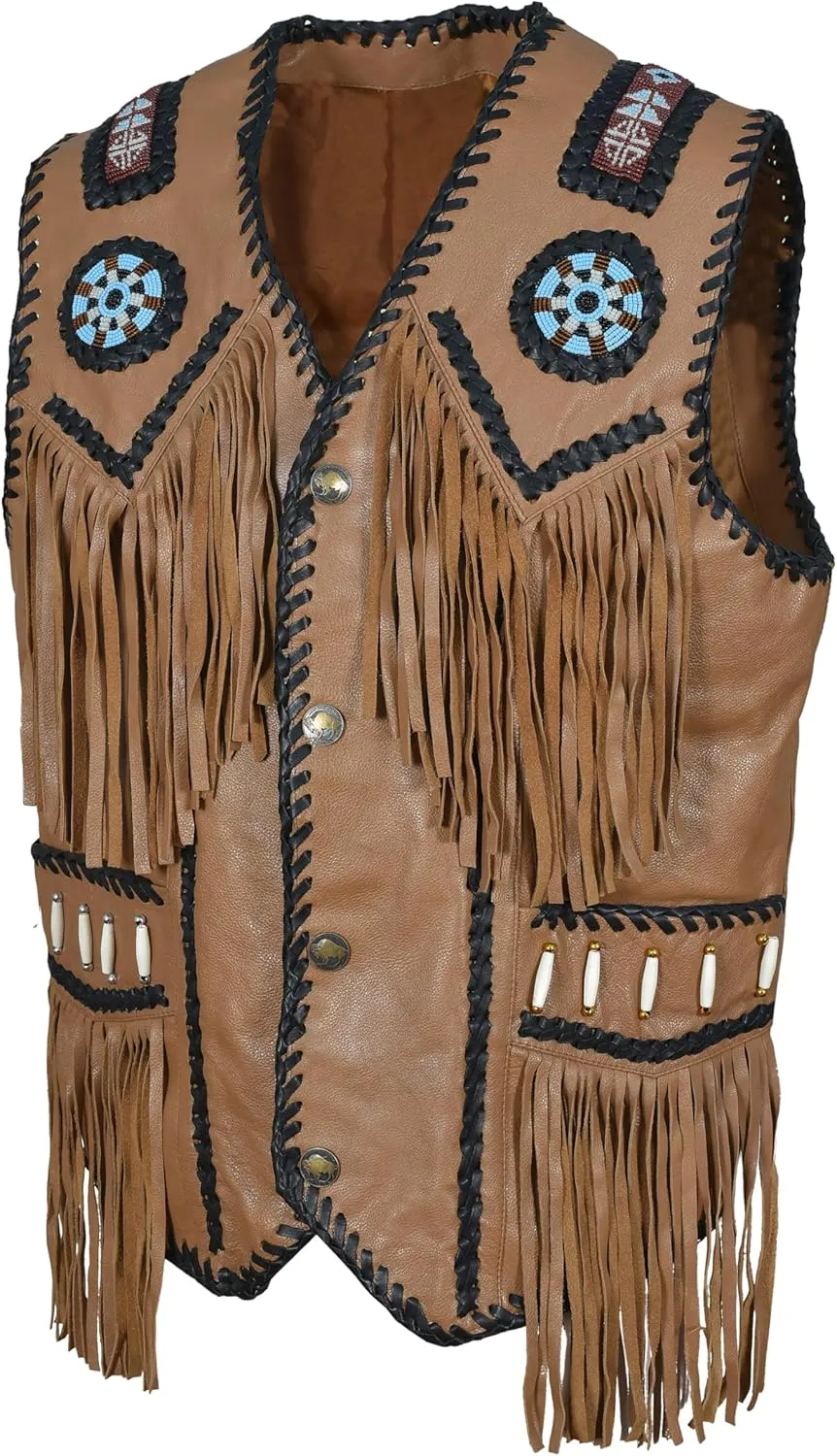 Mens Western Cowhide Suede & Leather Vest  Beaded Fringe Yoke & Back Native-Inspired Cowboy Biker Vest