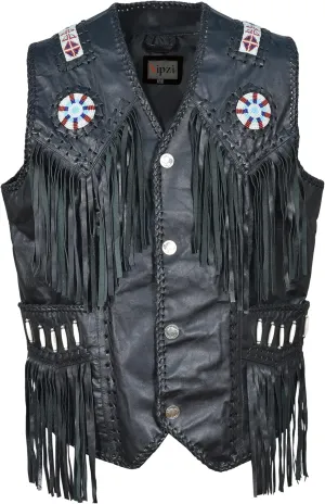 Mens Western Cowhide Suede & Leather Vest  Beaded Fringe Yoke & Back Native-Inspired Cowboy Biker Vest