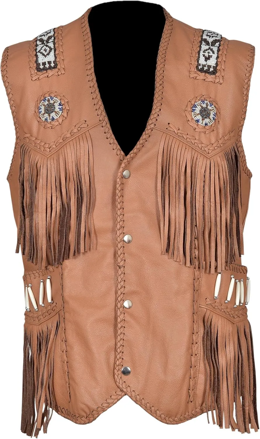 Mens Western Cowhide Suede & Leather Vest  Beaded Fringe Yoke & Back Native-Inspired Cowboy Biker Vest