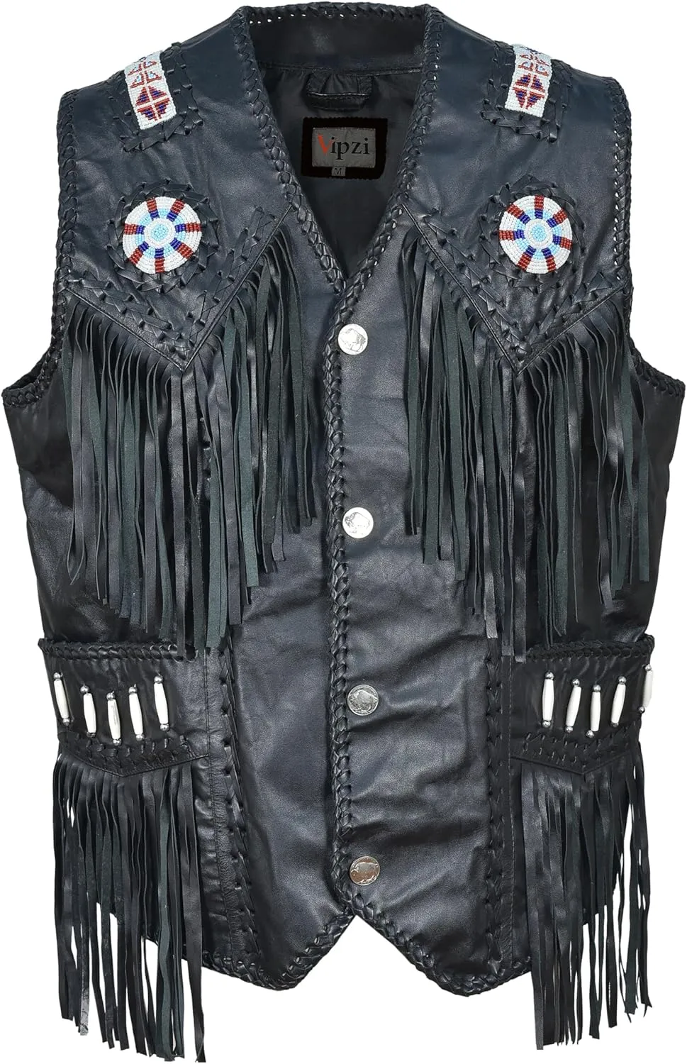 Mens Western Cowhide Suede & Leather Vest  Beaded Fringe Yoke & Back Native-Inspired Cowboy Biker Vest