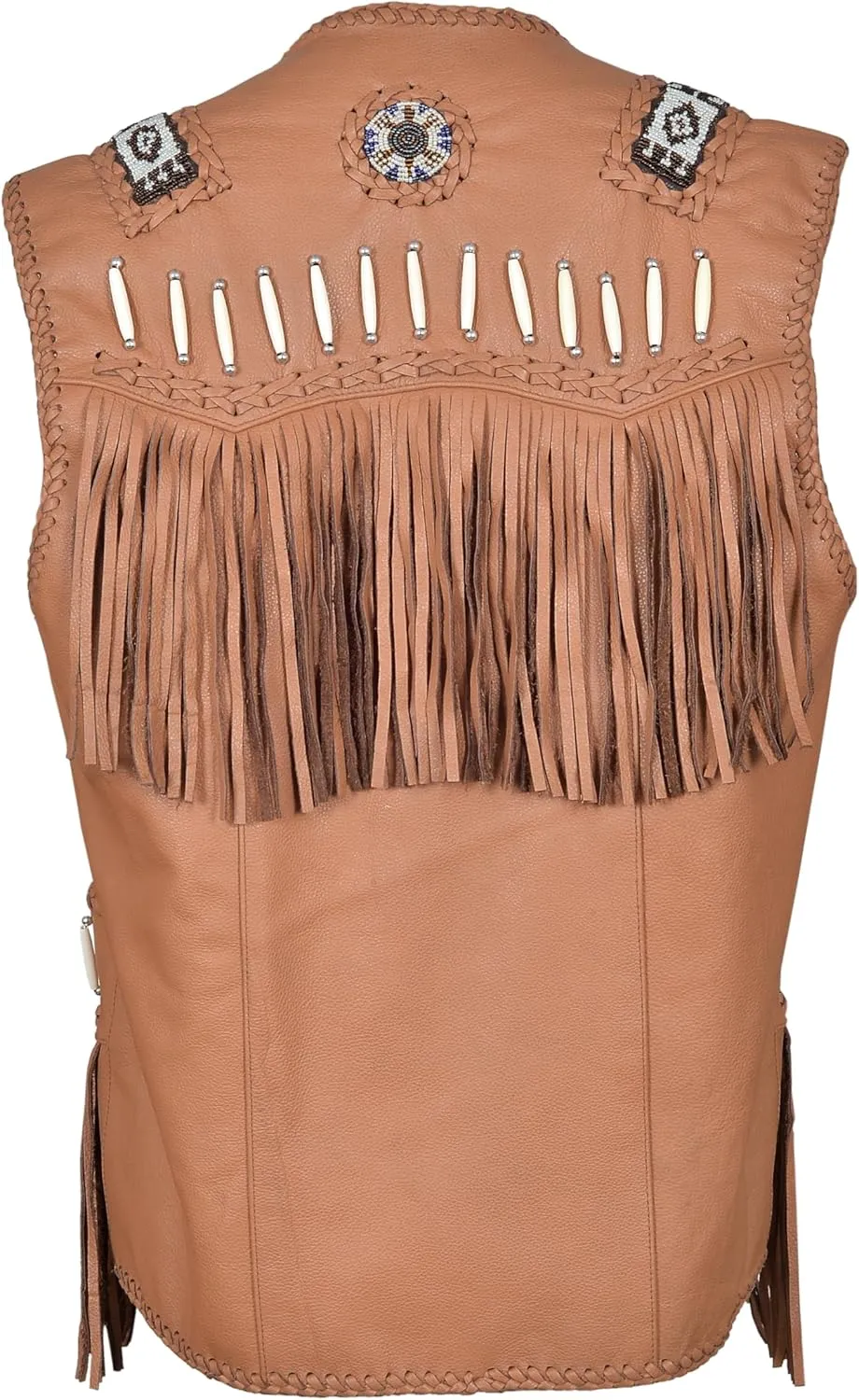 Mens Western Cowhide Suede & Leather Vest  Beaded Fringe Yoke & Back Native-Inspired Cowboy Biker Vest