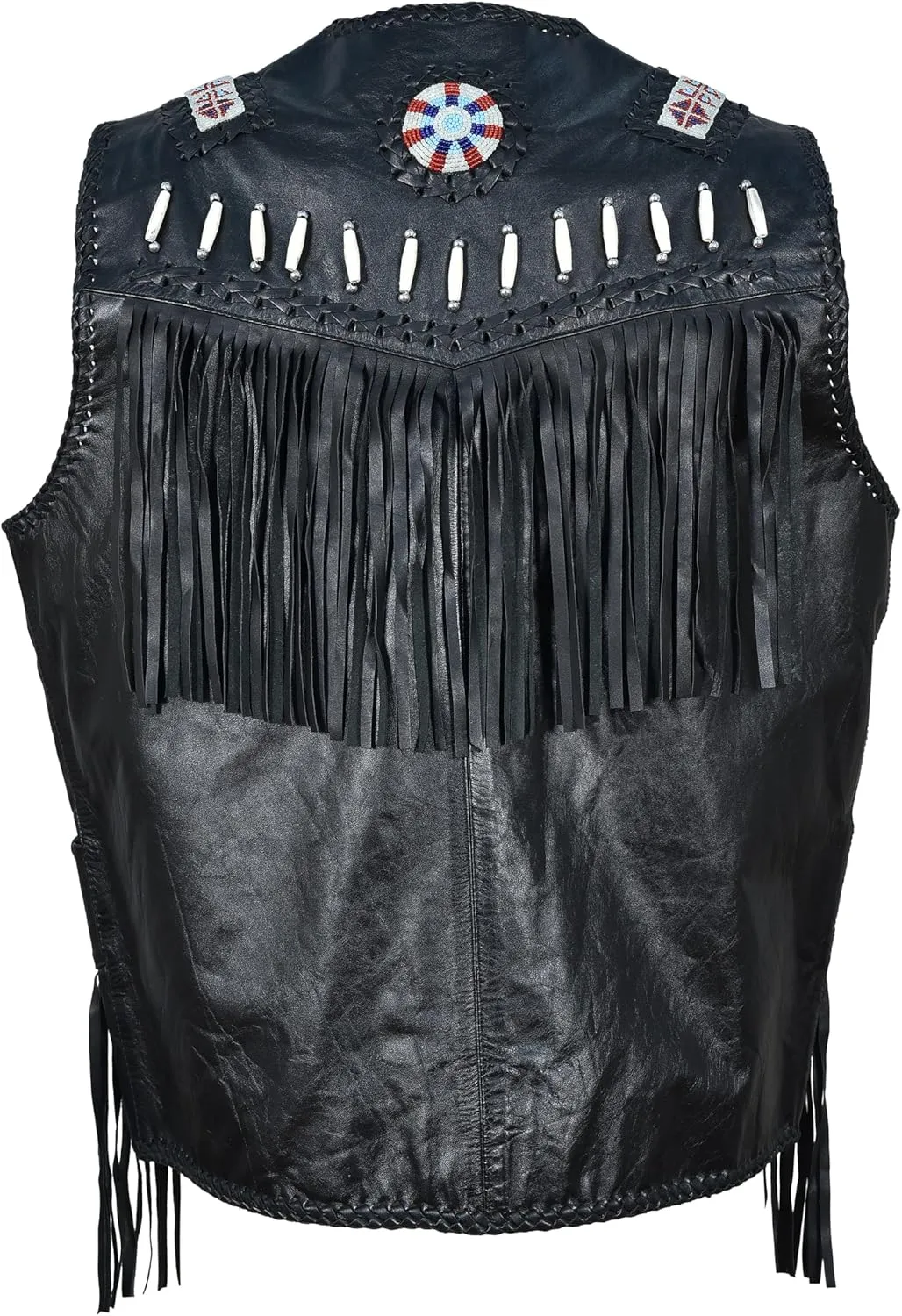 Mens Western Cowhide Suede & Leather Vest  Beaded Fringe Yoke & Back Native-Inspired Cowboy Biker Vest