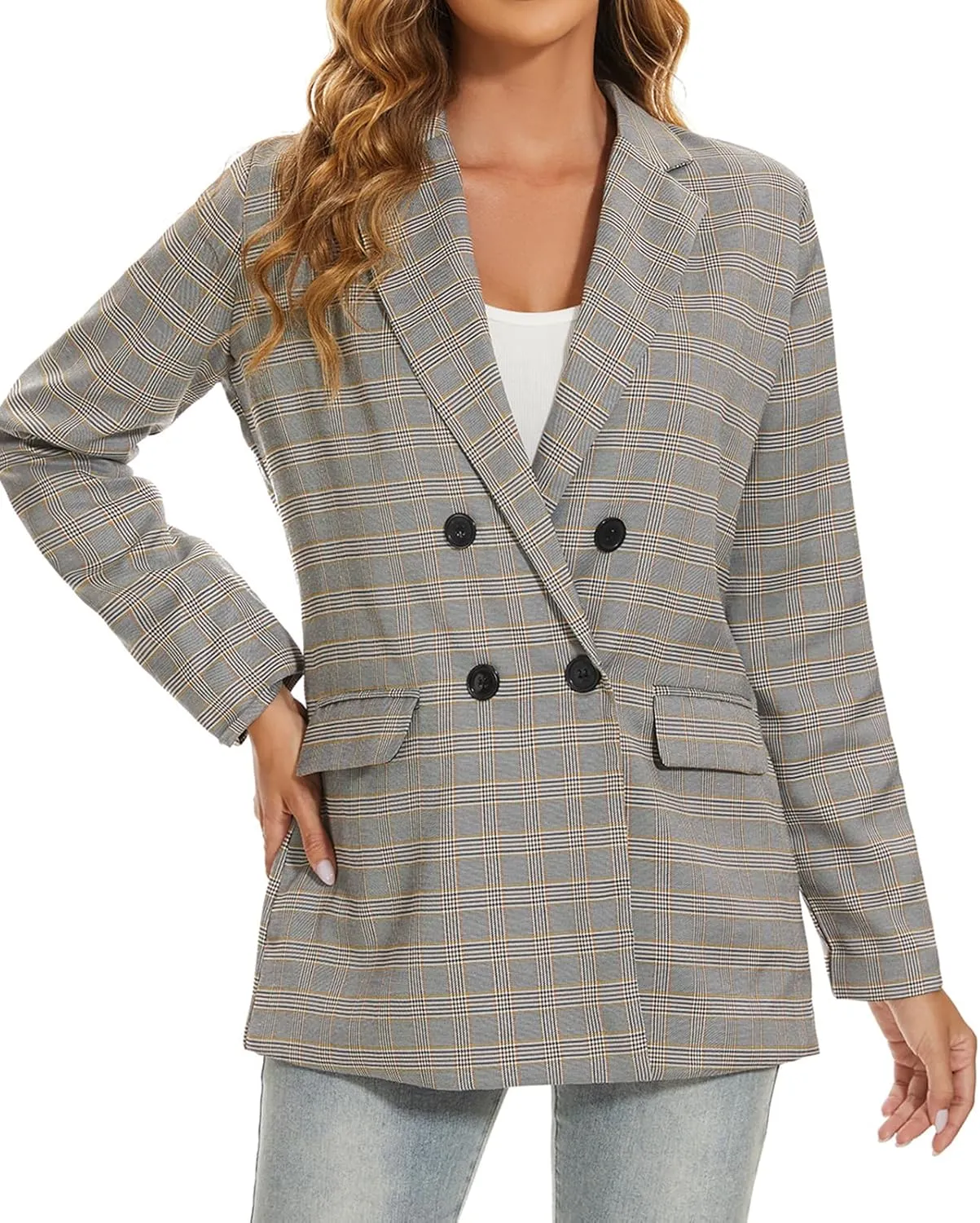 MINTLIMIT Women's Plaid Blazer Casual Long Sleeve Oversized Boyfriend Blazers Double Breasted Lapel Jacket with Pockets