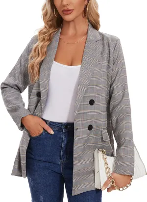 MINTLIMIT Women's Plaid Blazer Casual Long Sleeve Oversized Boyfriend Blazers Double Breasted Lapel Jacket with Pockets