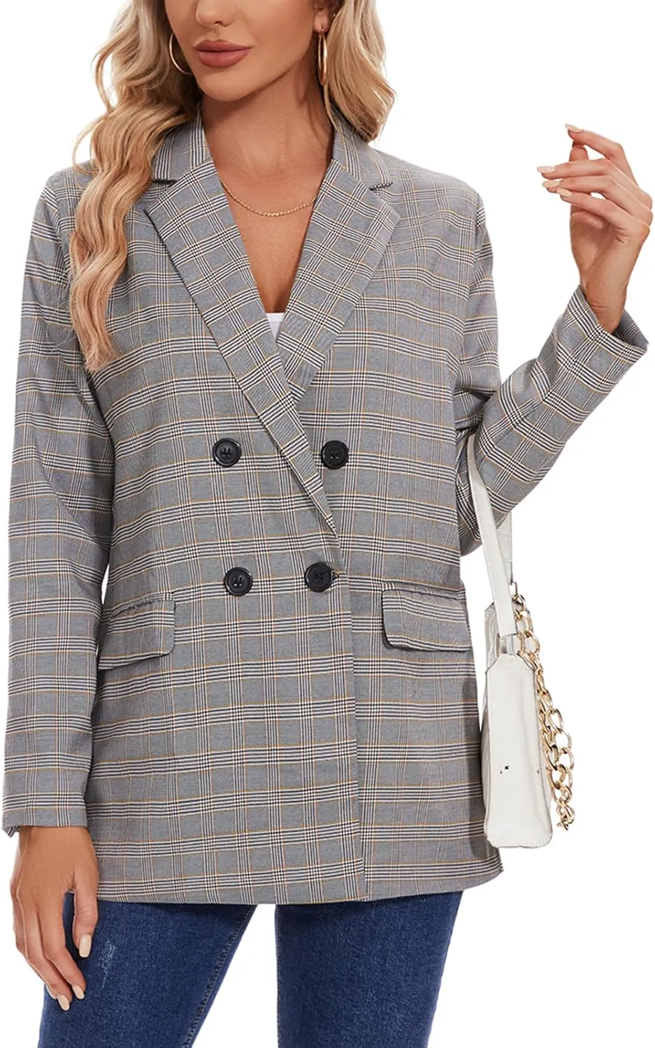 MINTLIMIT Women's Plaid Blazer Casual Long Sleeve Oversized Boyfriend Blazers Double Breasted Lapel Jacket with Pockets